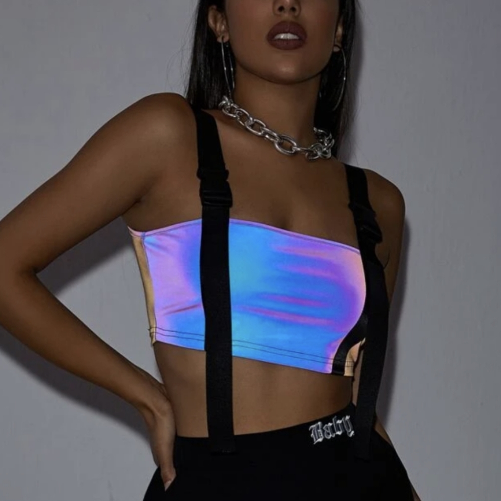 SHEIN Buckle Strap Reflective Holographic Crop Top (Size: L, 8/10)